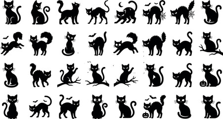 Fototapeta premium Halloween Black Cat Silhouette Vector Icon Set – Spooky Cat Collection