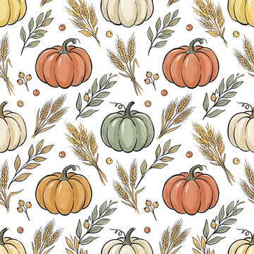 Autumn pumpkins and wheat ears seamless pattern watercolor illustration