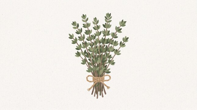 Fresh thyme herb bundle tied with natural twine, rustic flat design illustration for culinary ingredients, cooking, seasoning, organic food and herbal concepts