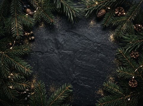 Top view flat lay background of dark slate stone framed with fresh evergreen pine branches and subtle fairy lights, leaving central copy space for text, logos, or holiday greetings.