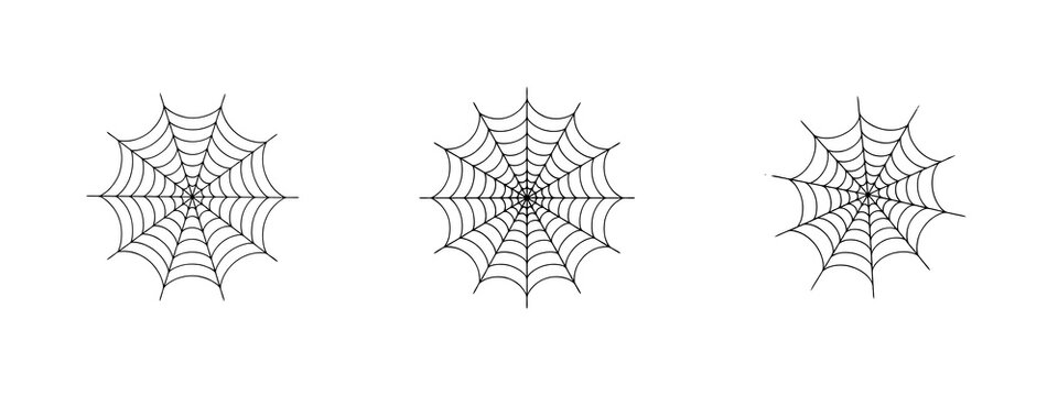 Three black spider web with radial symmetry arranged horizontally on a white background, for halloween holiday