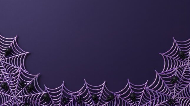 A spooky halloween background featuring detailed white spider webs on a dark purple surface for seasonal holiday design