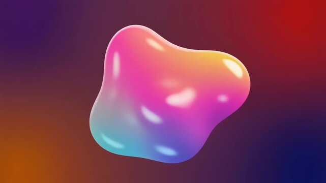 A glossy iridescent blob shape in pink purple and blue tones floats against a dark gradient background with a chat.