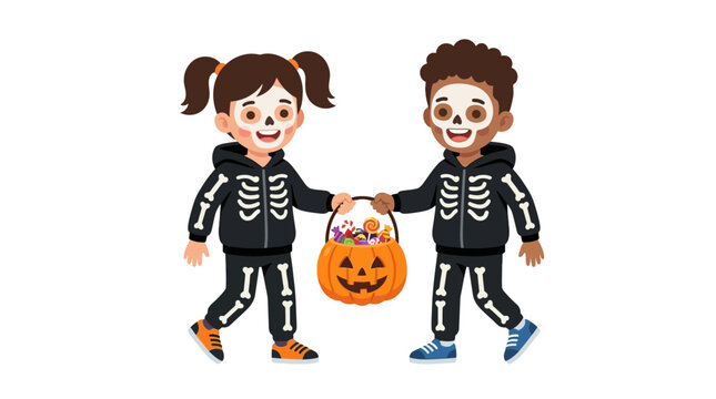 Children in Skeleton Costumes Trick-or-Treating with Candy Basket