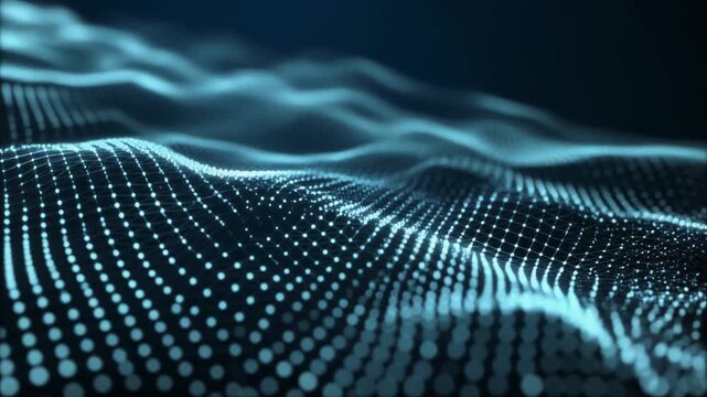 Abstract digital wave visualization with glowing blue dots forming flowing undulating patterns against a deep dark.