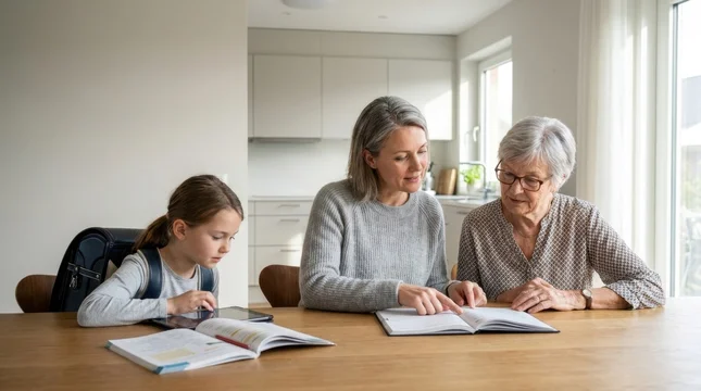 Adult woman managing care for elderly mother and young daughter doing homework