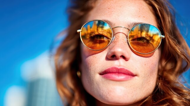 A close-up of a woman wearing stylish round sunglasses with a vibrant reflection, capturing the essence of urban flair and modern aesthetics on a sunny day.