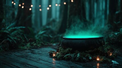 Obraz premium A dark cauldron filled with bubbling, glowing liquid sits in a misty forest atmosphere, evoking a sense of mystery and magic in a captivating and enchanting environment.