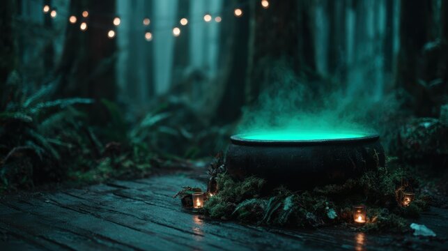 A dark cauldron filled with bubbling, glowing liquid sits in a misty forest atmosphere, evoking a sense of mystery and magic in a captivating and enchanting environment.