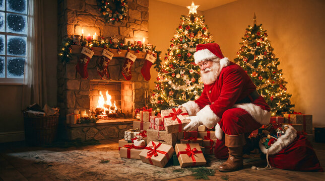 Pap&aacute; Noel arrodillado junto a un &aacute;rbol de Navidad decorado y una chimenea encendida en un sal&oacute;n r&uacute;stico, sosteniendo un regalo para una ni&ntilde;a.