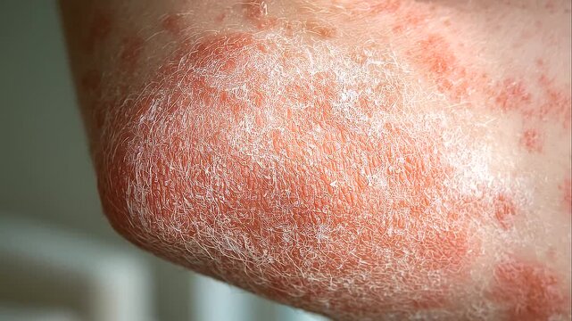 Man&rsquo;s hand scratching an itchy irritated area of skin with visible red patches and dry flaky texture, pruritus, skin rash, dermatitis, eczema, inflammation, erythema, scratching symptom, allergic