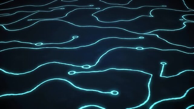 Dark blue background with glowing light blue organic curved line patterns resembling neural networks or abstract fluid.