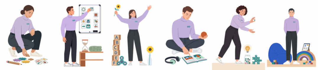 Fototapeta premium Diverse flat vector characters demonstrating business management, education, creative thinking, and financial planning through various interactive activities and symbolic objects.