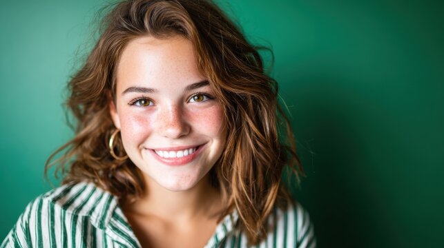 A playful young woman with freckles smiles brightly against a vibrant green background, radiating joy and liveliness through her expressive demeanor and youthful charm.