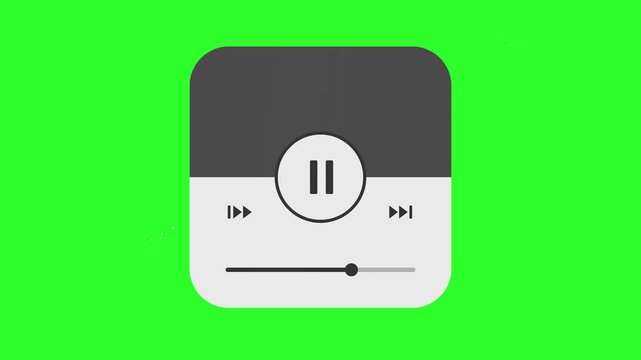 Modern Music Player UI Animation with Play and Pause Buttons on Green Screen Chroma Key for Production Overlay