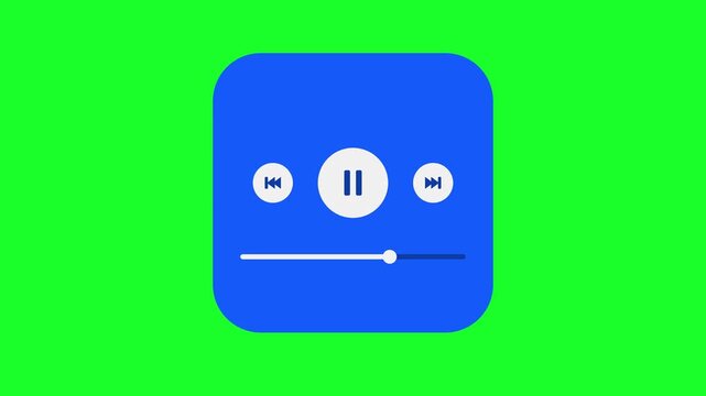 Blue Music Player UI with Playback Controls and Progress Bar on Chroma Key Green Screen Background