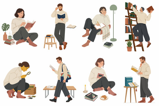 Collection of flat vector illustrations of people reading books and studying in various comfortable poses and settings.
