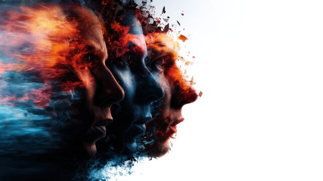 An intriguing blend of abstract faces surrounded by fiery and fluid elements, representing the complexities of human emotions and the intersection of art and identity.