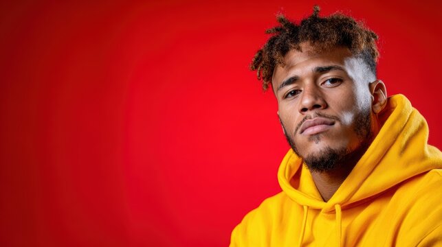 A serious young man with textured hair poses confidently in a vibrant yellow hoodie against a bold red background, exuding a sense of assertiveness and modern style.