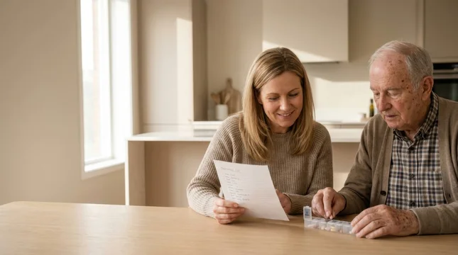 Caring daughter reading medication list while elderly father fills daily pill organizer