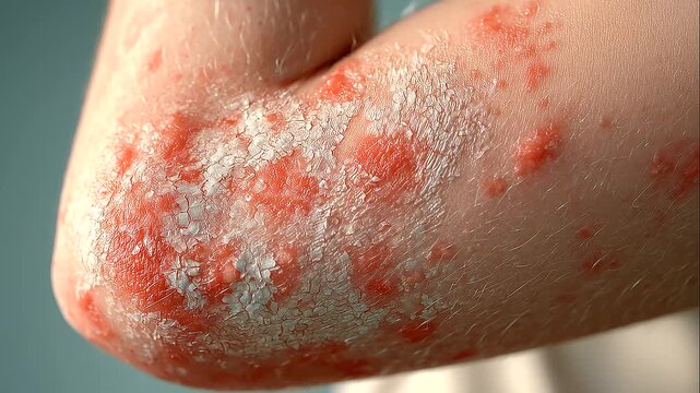 Large inflamed psoriasis plaque on an arm with thick silvery scales, intense redness and sharply defined borders, plaque psoriasis, psoriasis vulgaris, erythematous lesion, scaling
