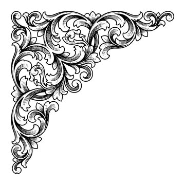 Black and white floral corner scroll vignette ornament graphic illustration
