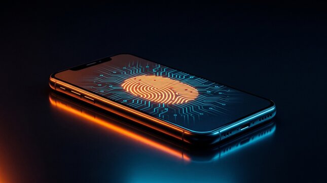 smartphone displaying biometric fingerprint concept of digital data cybersecurity protection