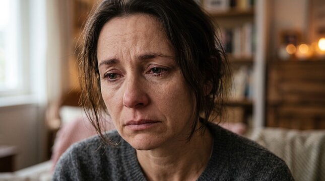 Close-up portrait of an emotional woman crying with teary red eyes at home, expressing sadness, grief, or mental distress, ia generated