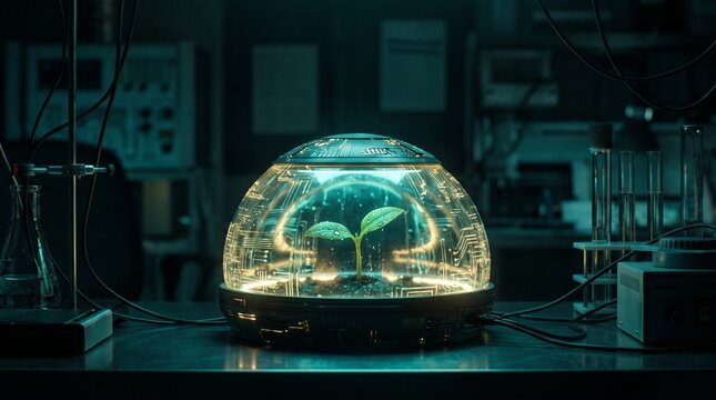 sprout growing inside glass container concept of futuristic future biotechnologies