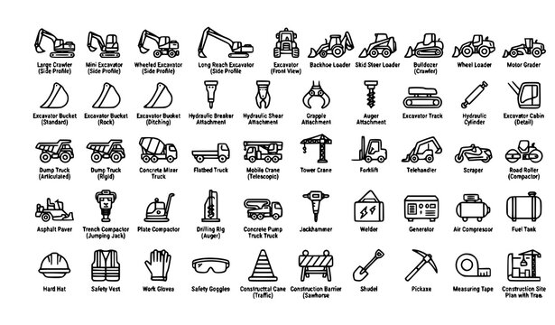 Excavator Construction Transport Line Icon Set with Heavy Equipment Editable Vector