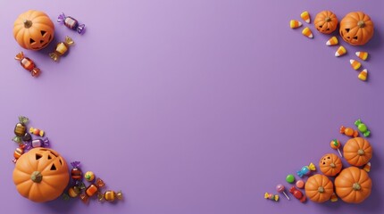 Fototapeta premium Halloween pumpkins and candy border on a purple background