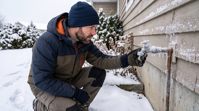 A man kneels by an outdoor water faucet looking at it closely. Snow covers the ground and trees in the backyard. The scene shows the cold conditions of winter