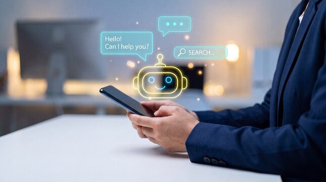 A person in a blue suit interacts with a smartphone featuring a chatbot interface in a modern office setting.
