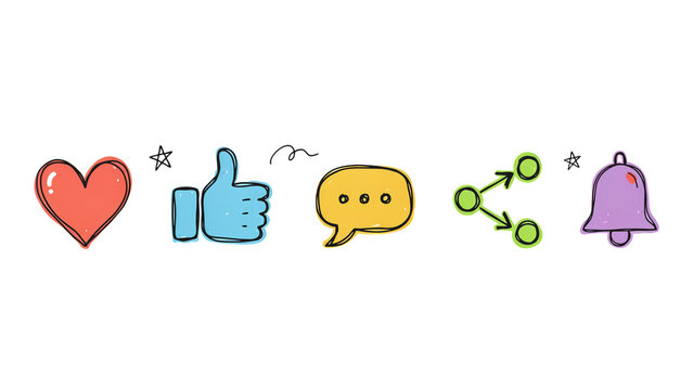 Social media icons set. Hand drawn like share comment heart and bell symbols.