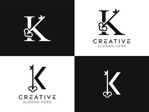 Set of K key logo design templates. Isolated modern letter k with house key elements designs in black and white.