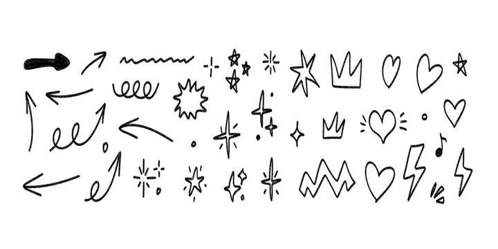 Hand drawn playful stars hearts and arrows for creative design work.