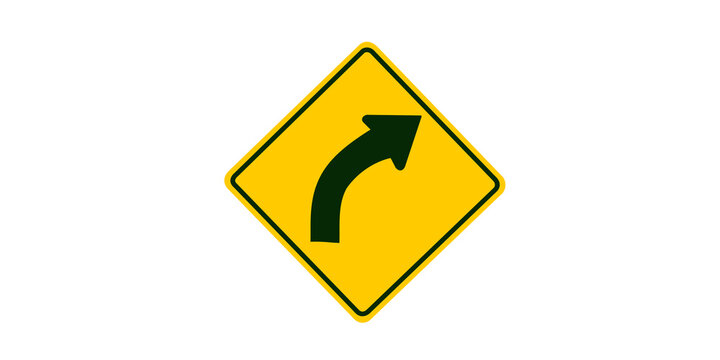 Yellow diamond right curve traffic sign for road navigation and safety.