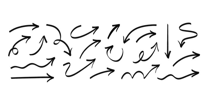 Hand drawn ink arrows collection black sketch doodles for design assets.