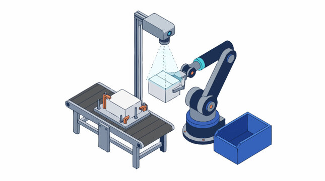 Industrial robotic arm assembling product on workbench.