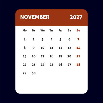 November 2027 calendar template, monthly planner page for business schedule, minimalist organizer layout, professional date grid
