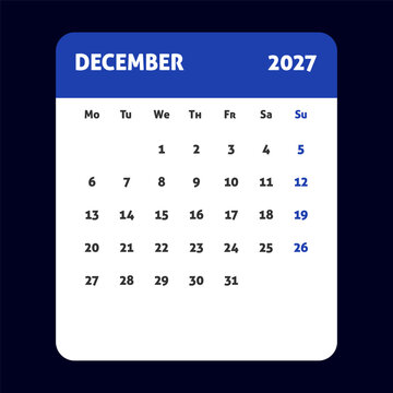 December 2027 calendar, monthly organizer template, minimalist white desk planner for business scheduling