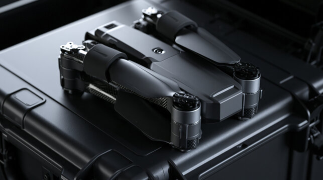 Folded compact commercial drone with secured propellers resting on top of a heavy-duty protective hard case