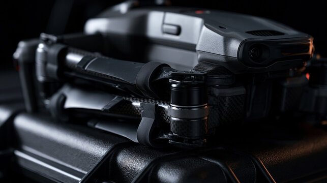  High-tech quadcopter with gimbal camera and locked propellers sitting on a hardshell protective storage box