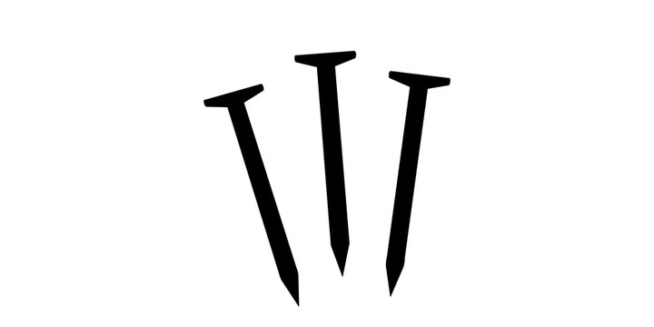 Three black metal construction nails icon on transparent background.