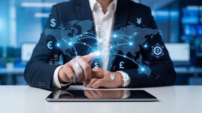 Businessman using digital currency exchange platform for global money transfer
