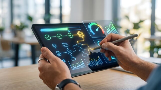 Business professional using stylus pen on digital tablet with glowing holographic dashboard and workflow charts