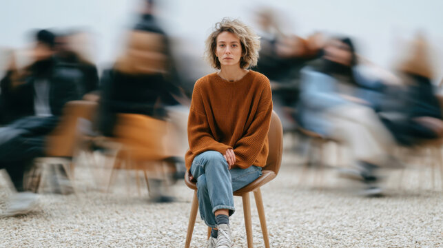 Woman sitting still while people around her are blurred in motion