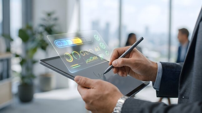 Business professional using stylus pen on digital tablet with glowing holographic dashboard and workflow charts