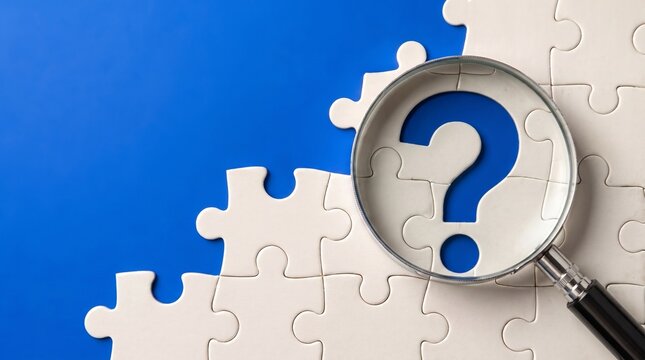 Magnifying glass over blue puzzle piece with question mark for problem solving concept