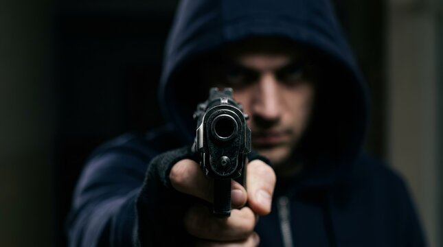 Man in a dark hoodie holding a handgun aimed forward.